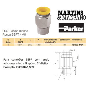 FSC08G1/2 - Conexão reta para tubo de 8 mm R 1/2" BSPP